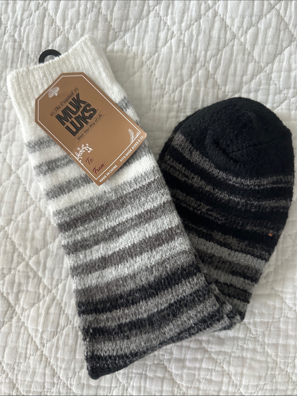 Muk Luks Black and Gray Striped Knit Socks